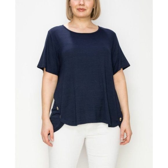 AB-2873 Coin 1804 Plus Size Button Panel Short Sleeve Top Blue Size 2x - Picture 1 of 1
